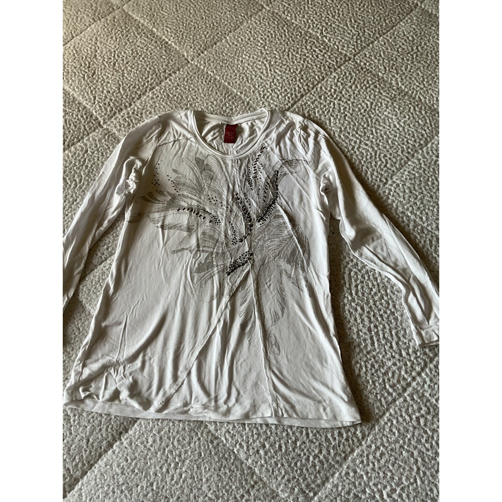 Olsen Europe Long Sleeve Top Womens M/L White Excellent Beaded Floral Graphic